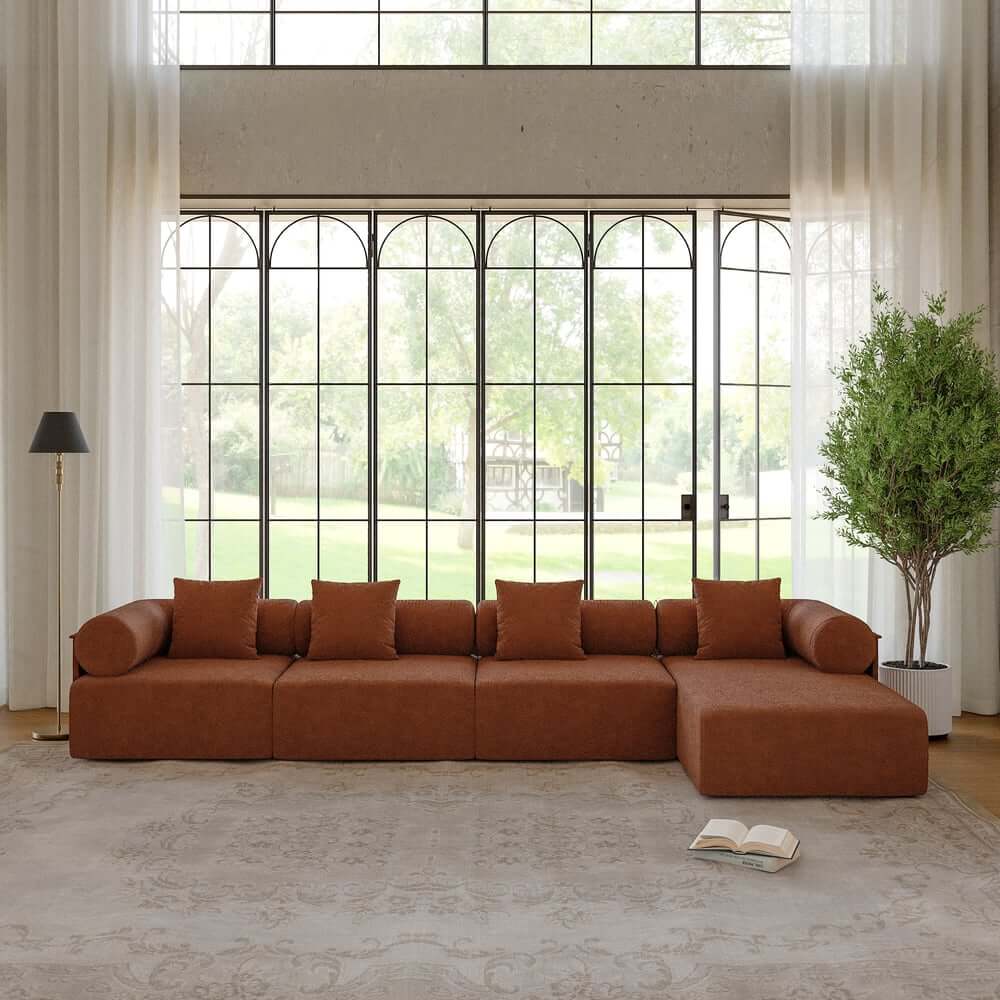 Modern Chenille Velvet Sectional Sofa With Round Arms
