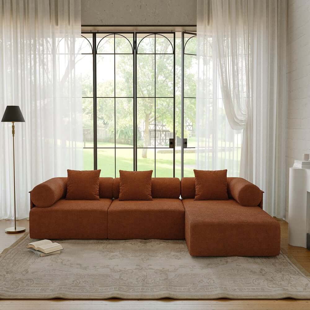 Modern Chenille Velvet Sectional Sofa With Round Arms