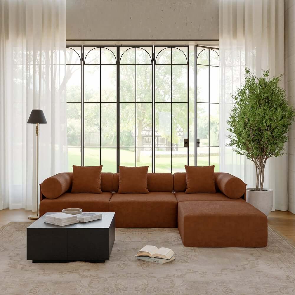 Modern Chenille Velvet Sectional Sofa With Round Arms