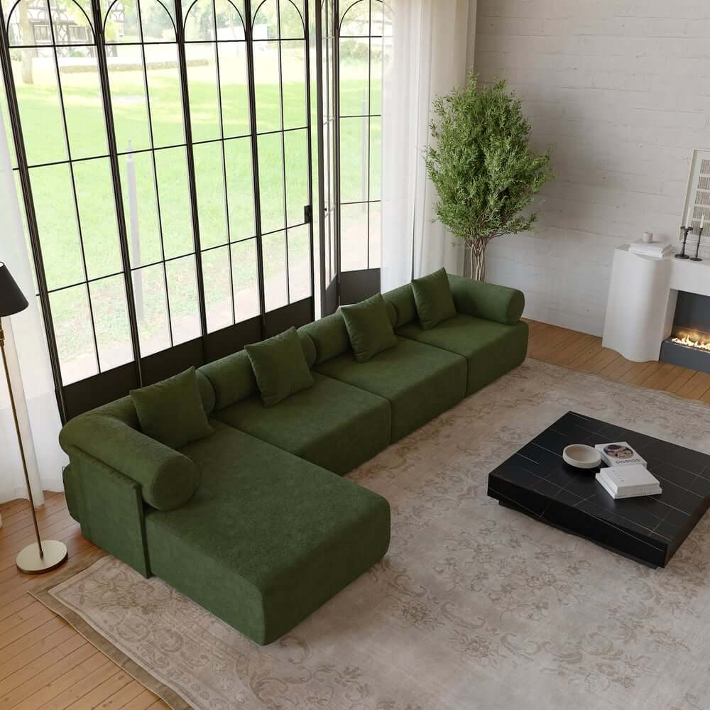 Modern Chenille Velvet Sectional Sofa With Round Arms