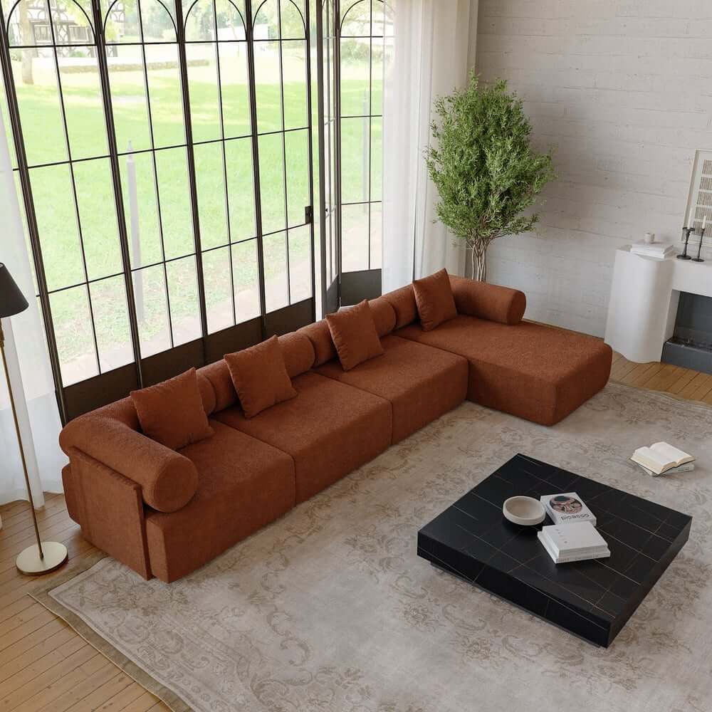 Modern Chenille Velvet Sectional Sofa With Round Arms