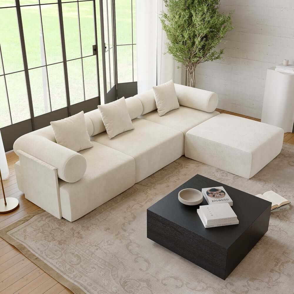 Modern Chenille Velvet Sectional Sofa With Round Arms