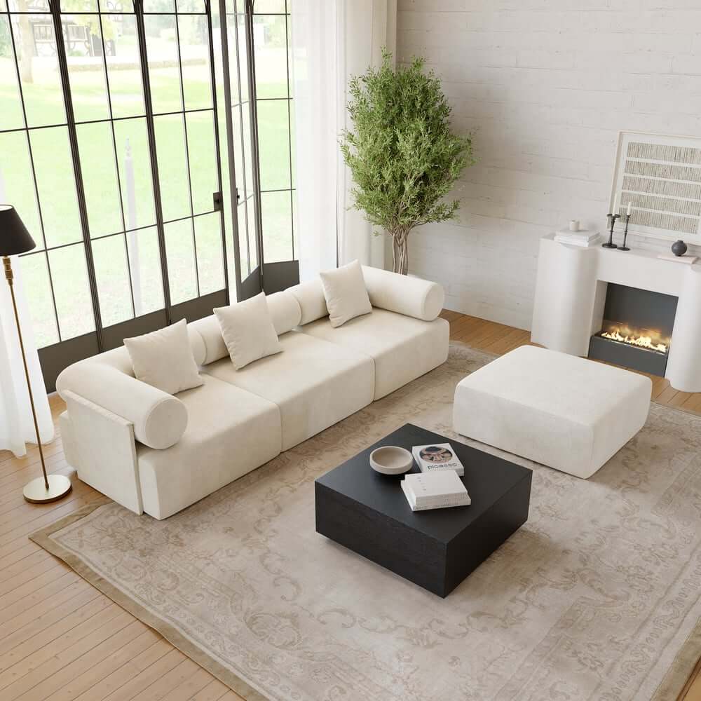 Modern Chenille Velvet Sectional Sofa With Round Arms