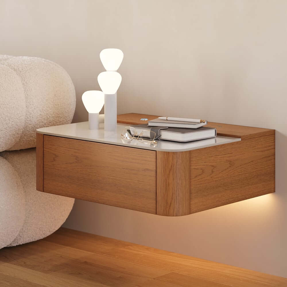 Modern Cherry Nightstand With Sintered Stone Top & LED Light
