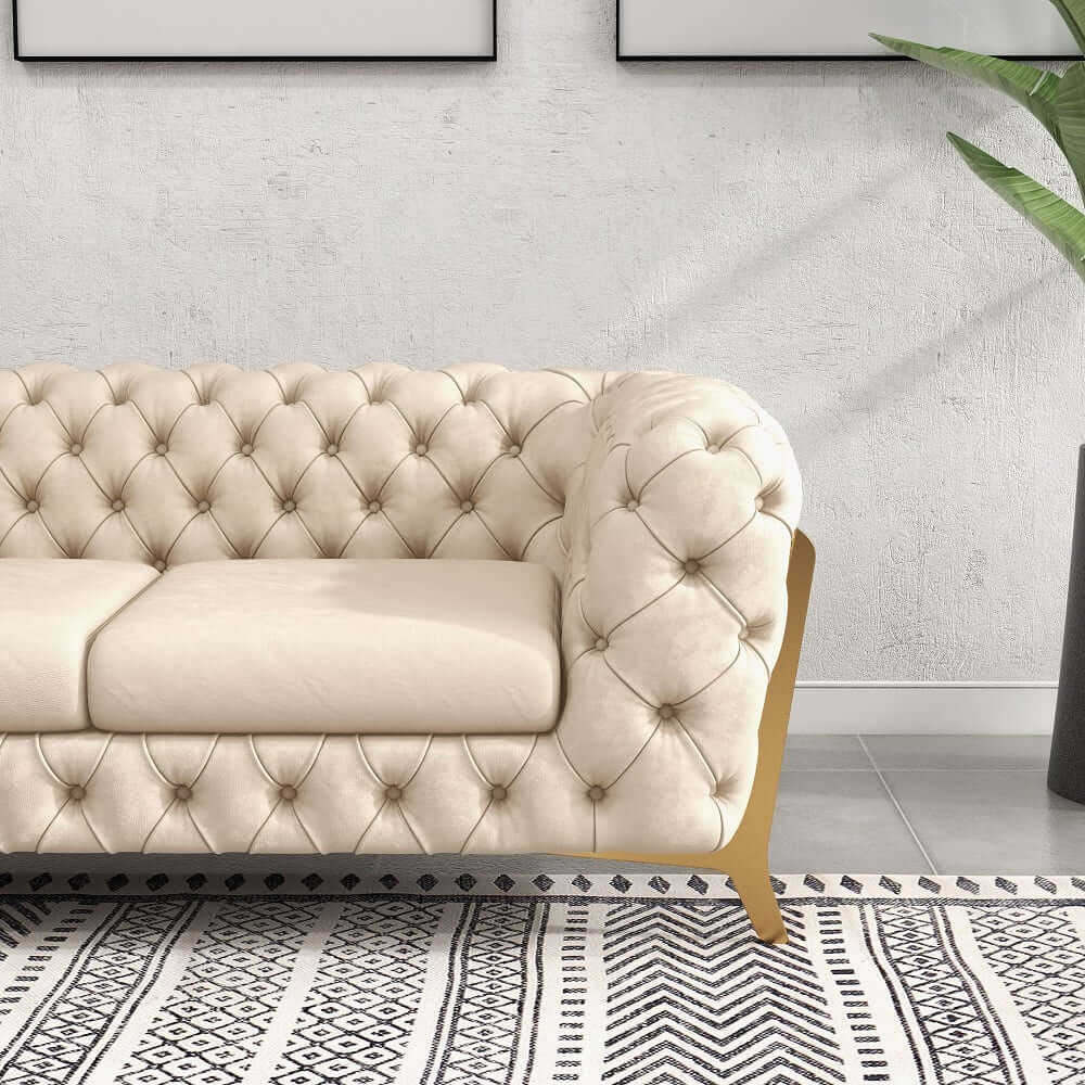 Modern Chesterfield Beige Velvet Sofa With Gold Legs