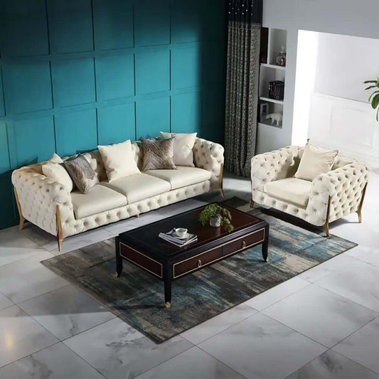 Modern Chesterfield Beige Velvet Sofa With Gold Legs