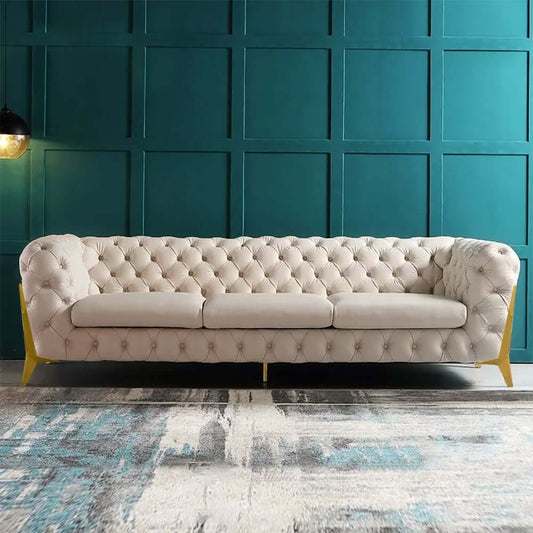 Modern Chesterfield Beige Velvet Sofa With Gold Legs Main Product Image
