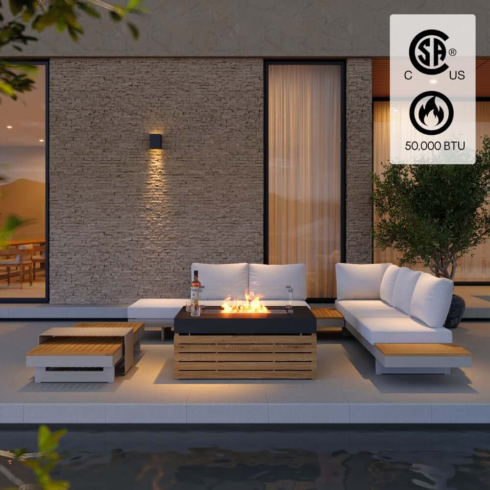 Modern Chesterfield Outdoor Sofa Set with Fire Pit and Adjustable Backrest