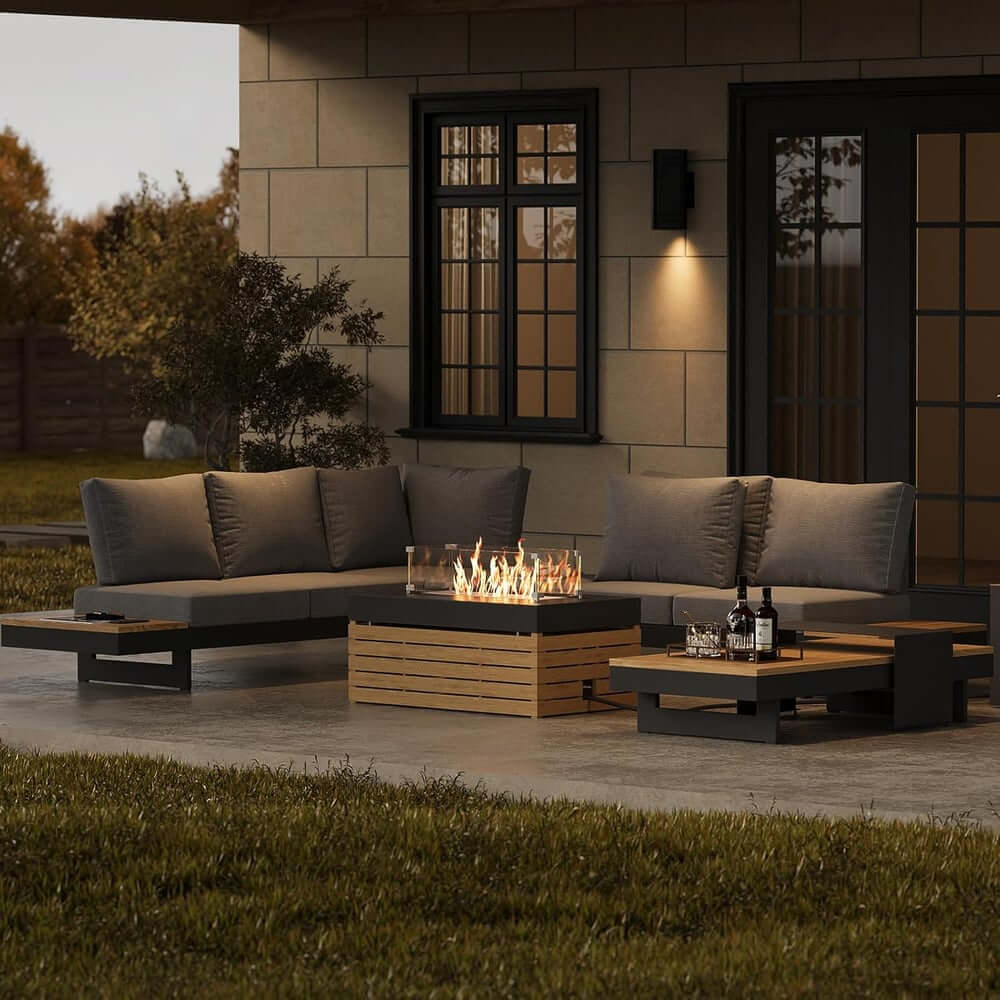 Modern Chesterfield Outdoor Sofa Set with Fire Pit and Adjustable Backrest
