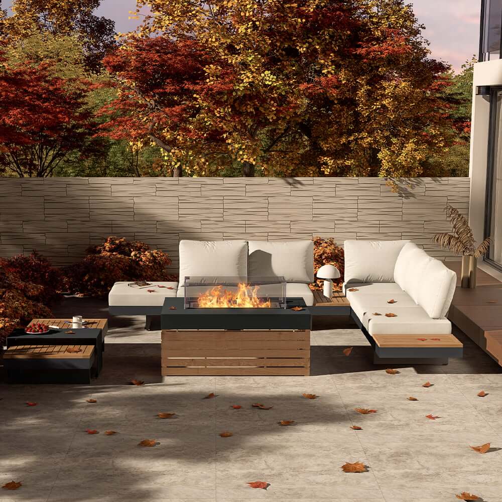Modern Chesterfield Outdoor Sofa Set with Fire Pit and Adjustable Backrest