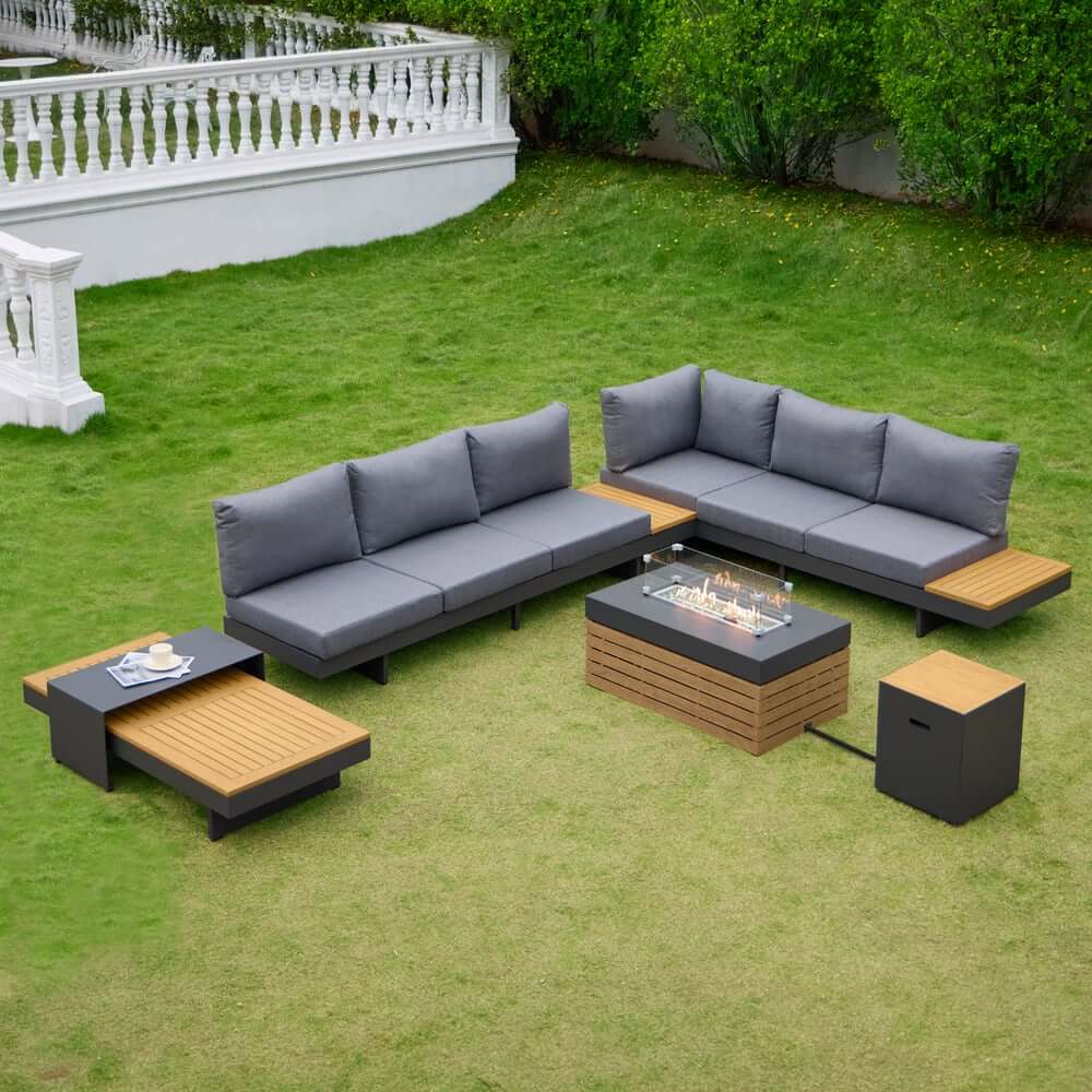 Modern Chesterfield Outdoor Sofa Set with Fire Pit and Adjustable Backrest