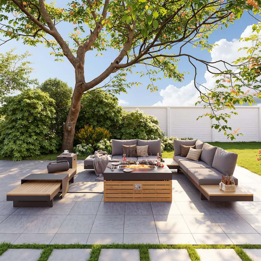 Modern Chesterfield Outdoor Sofa Set with Fire Pit and Adjustable Backrest