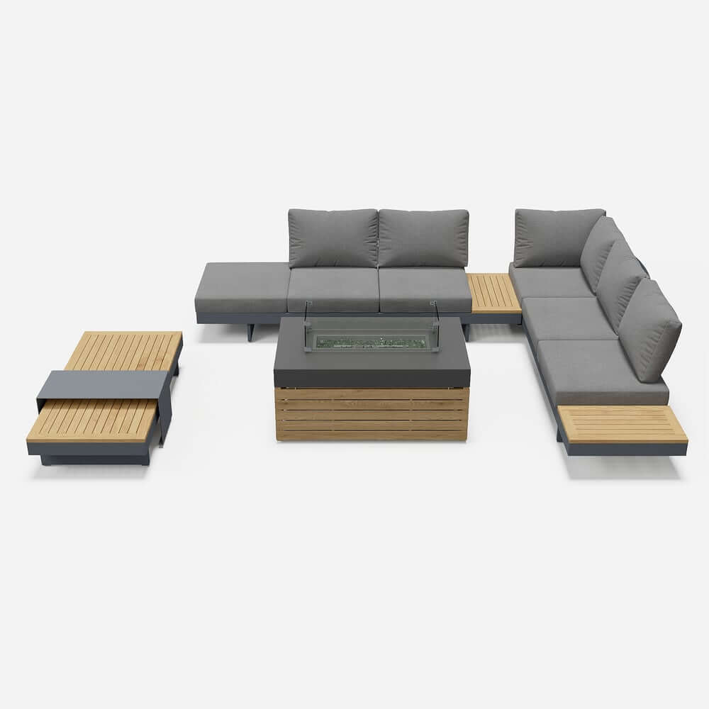 Modern Chesterfield Outdoor Sofa Set with Fire Pit and Adjustable Backrest