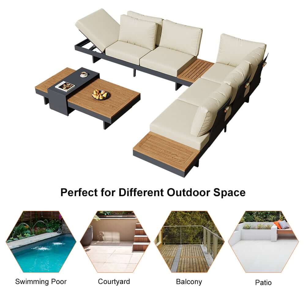 Modern Chesterfield Outdoor Sofa Set with Fire Pit and Adjustable Backrest