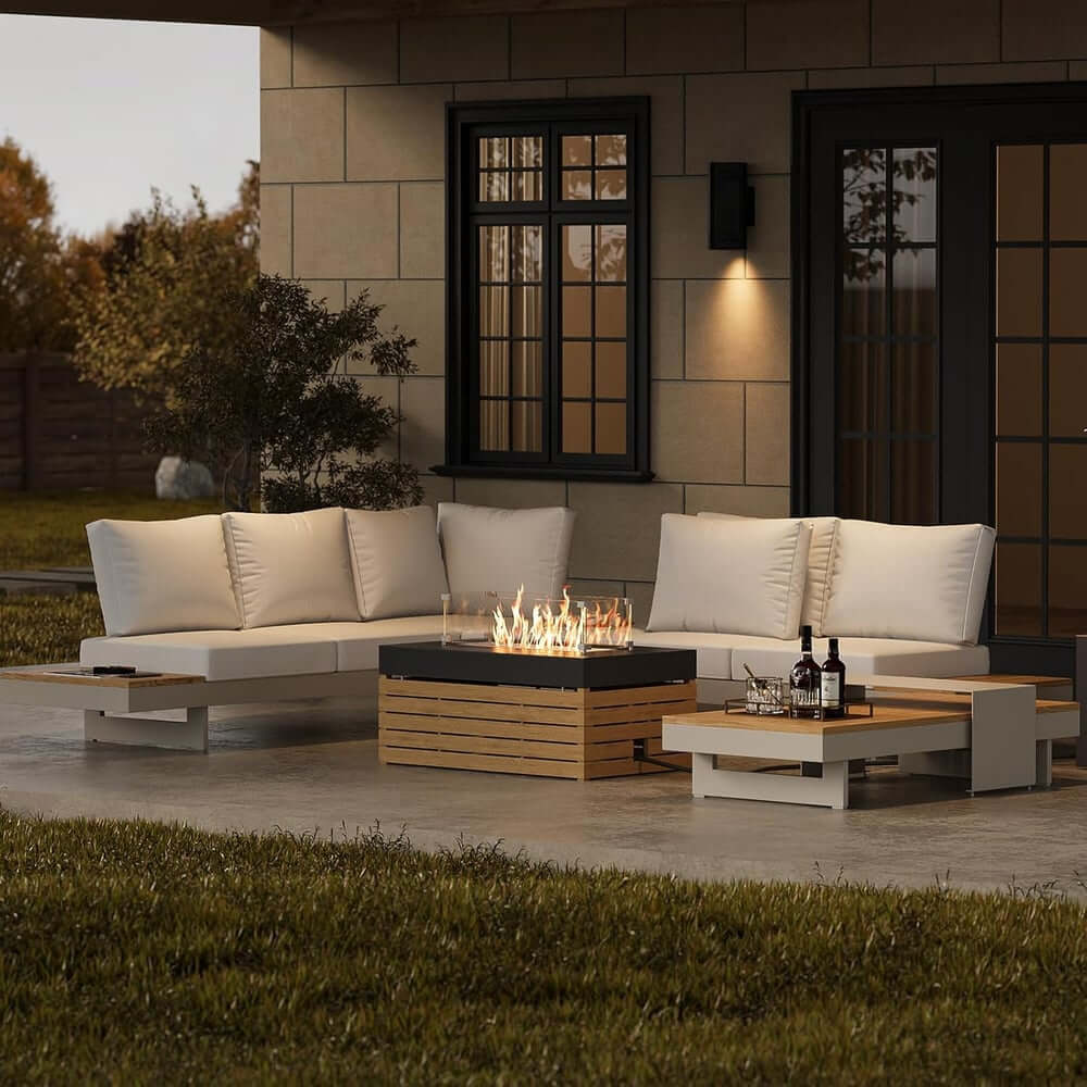 Modern Chesterfield Outdoor Sofa Set with Fire Pit and Adjustable Backrest