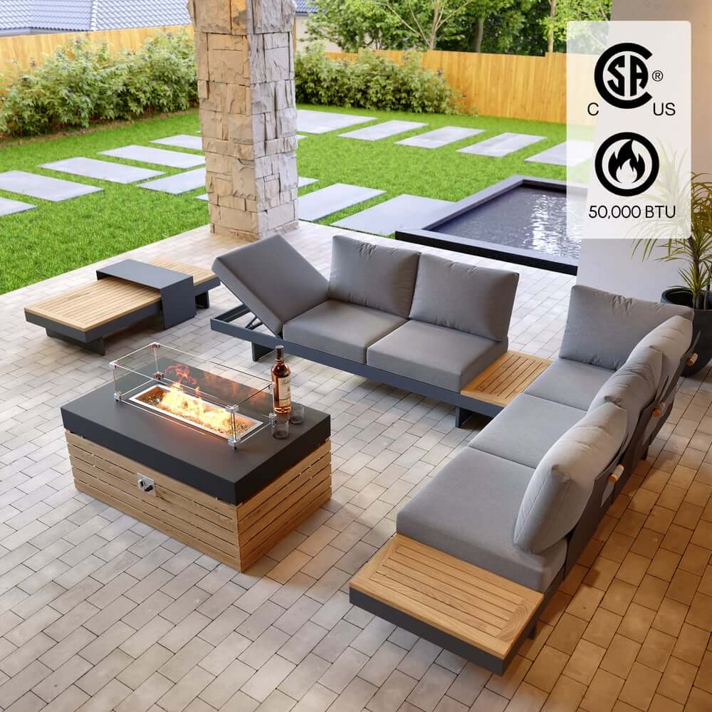 Modern Chesterfield Outdoor Sofa Set with Fire Pit and Adjustable Backrest
