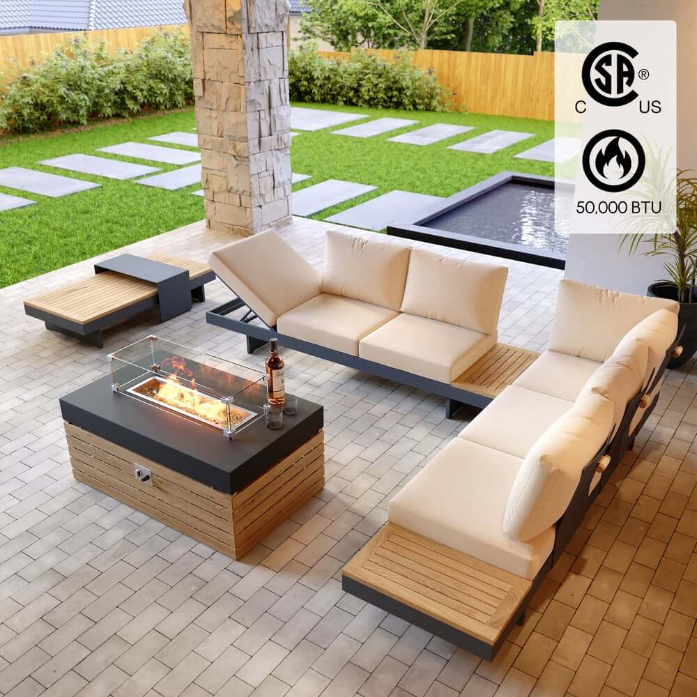 Modern Chesterfield Outdoor Sofa Set with Fire Pit and Adjustable Backrest