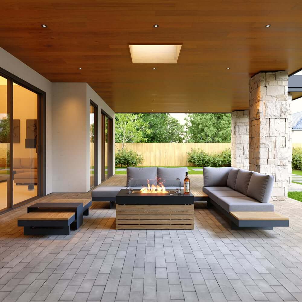 Modern Chesterfield Outdoor Sofa Set with Fire Pit and Adjustable Backrest