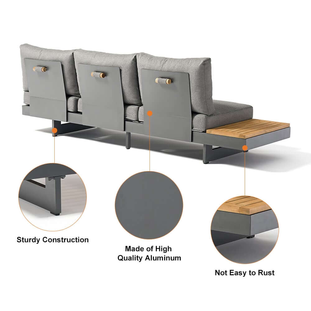 Modern Chesterfield Outdoor Sofa Set with Fire Pit and Adjustable Backrest