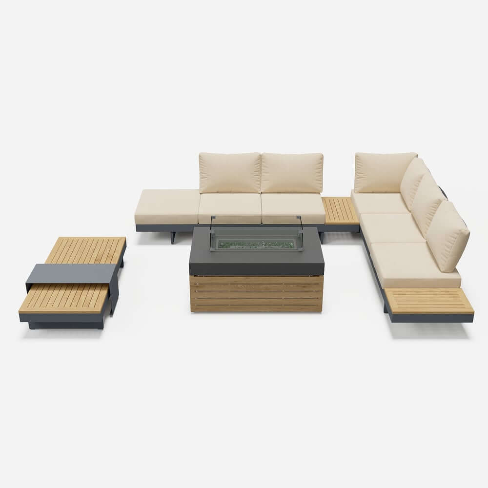 Modern Chesterfield Outdoor Sofa Set with Fire Pit and Adjustable Backrest