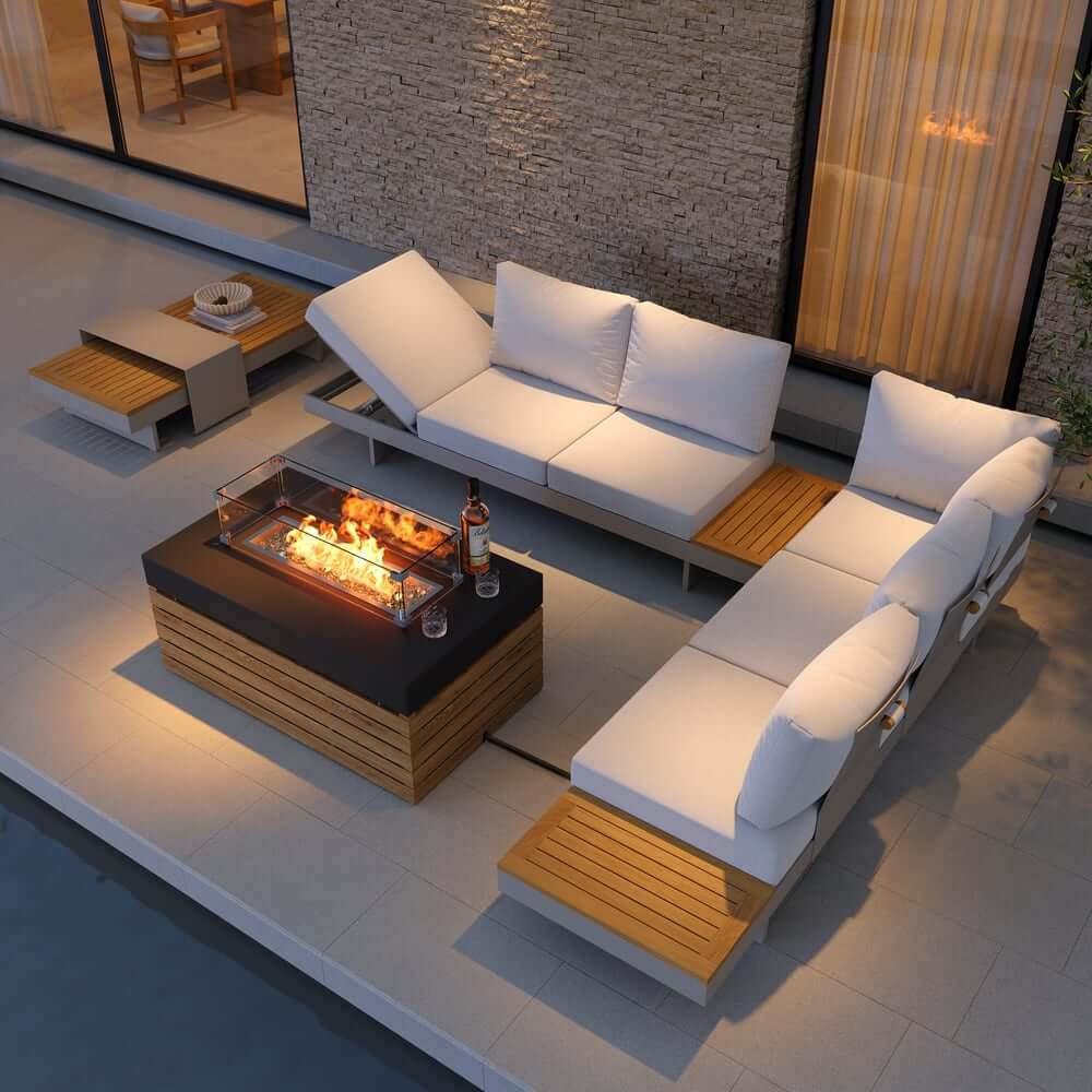 Modern Chesterfield Outdoor Sofa Set with Fire Pit and Adjustable Backrest