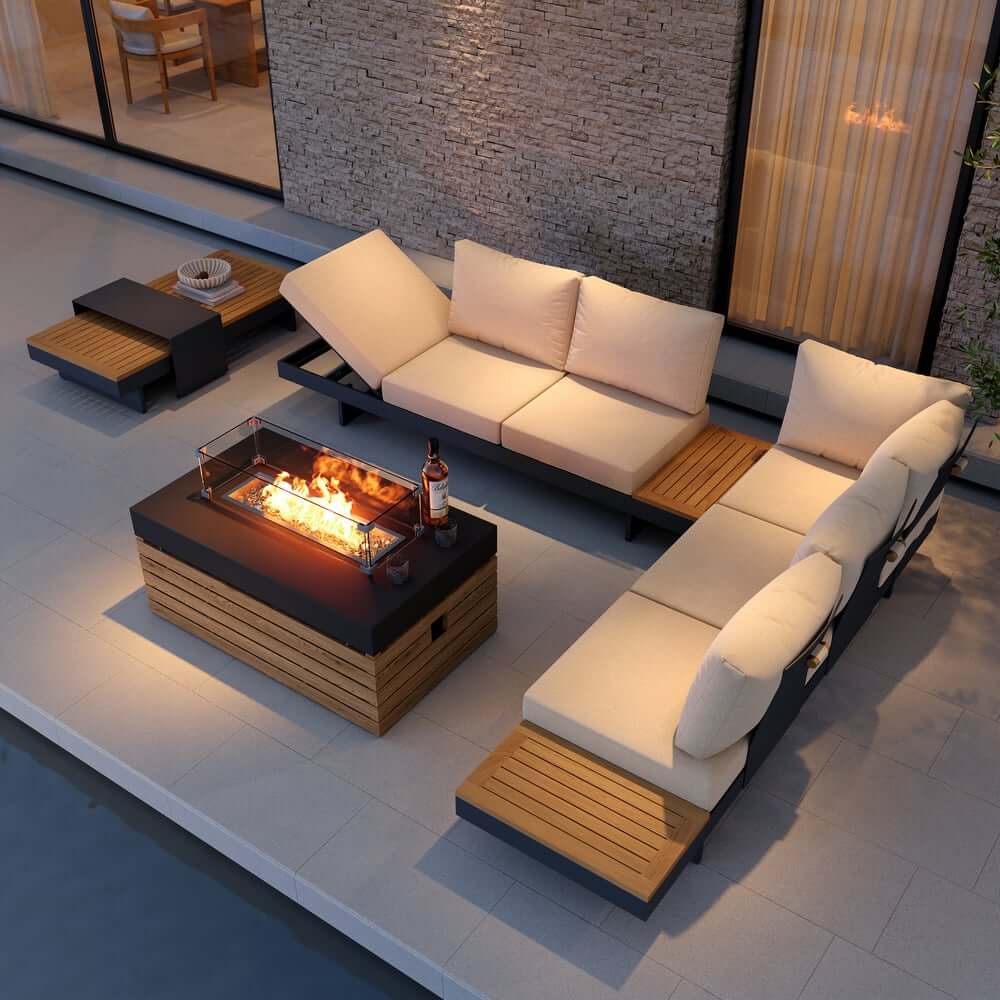 Modern Chesterfield Outdoor Sofa Set with Fire Pit and Adjustable Backrest Main Product Image