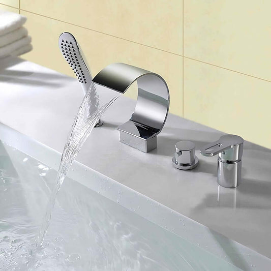 Modern Chrome Deck Mounted Bathtub Faucet with Handshower Main Product Image