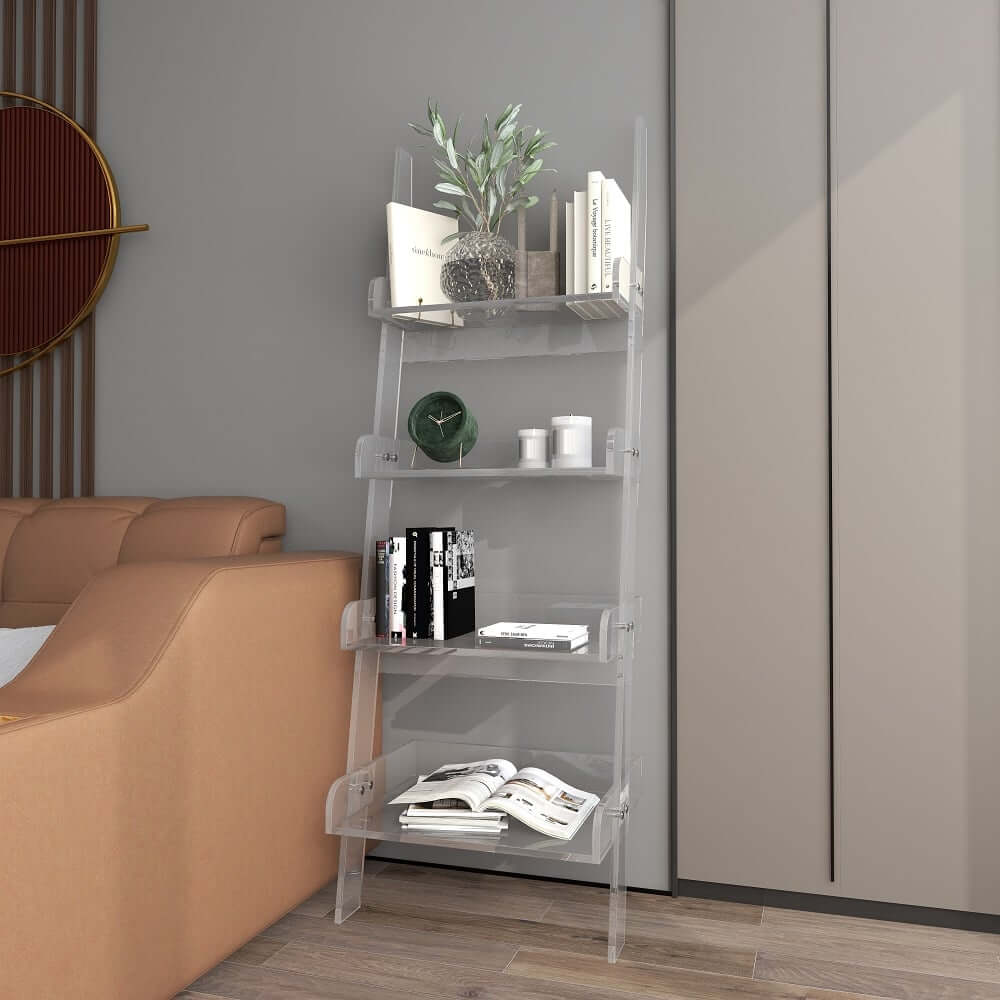 Modern Clear Acrylic Ladder Bookshelf - 4 Open Shelves, Minimalist Design