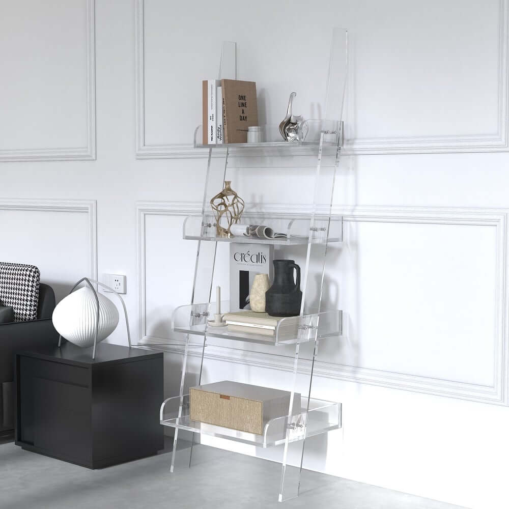 Modern Clear Acrylic Ladder Bookshelf - 4 Open Shelves, Minimalist Design