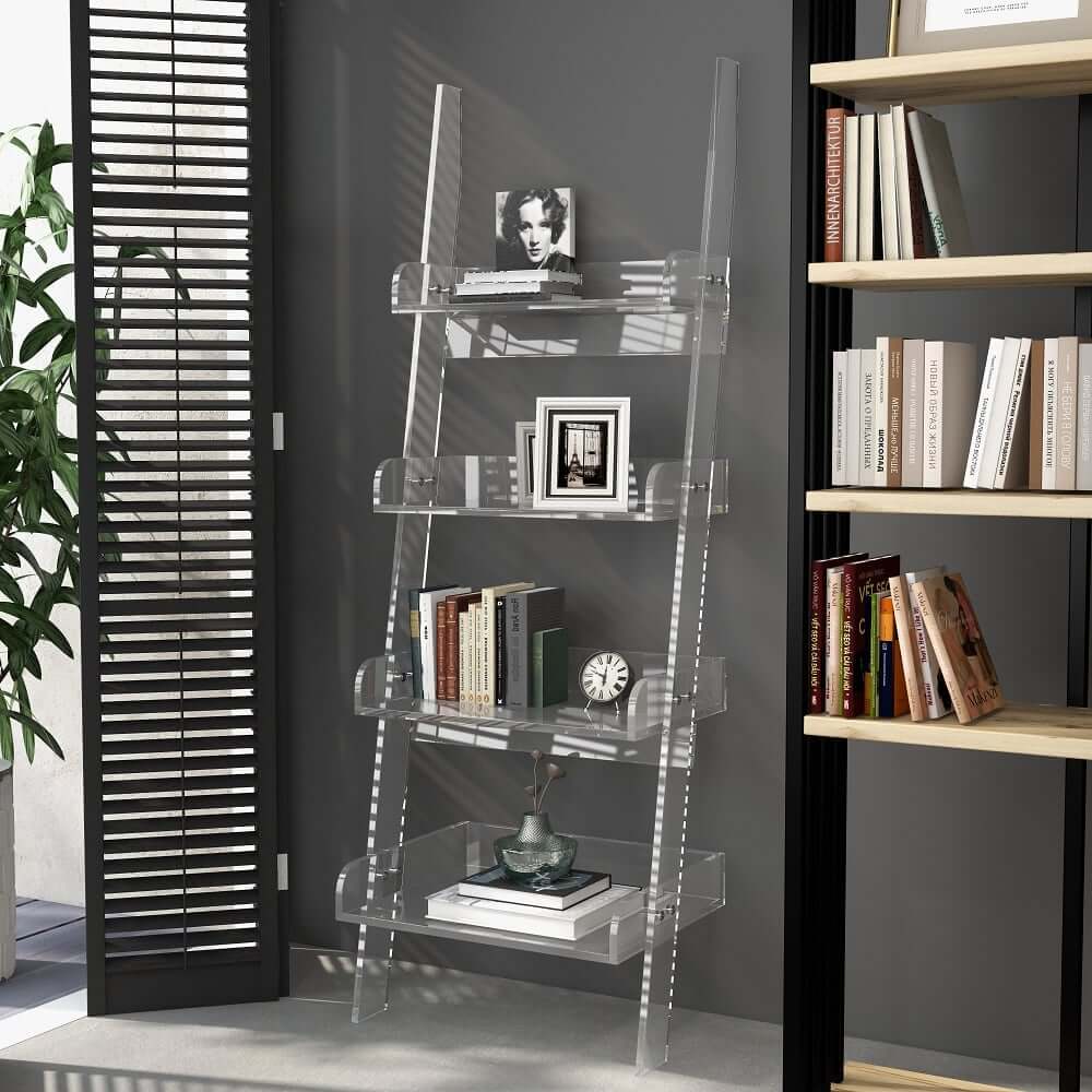 Modern Clear Acrylic Ladder Bookshelf - 4 Open Shelves, Minimalist Design