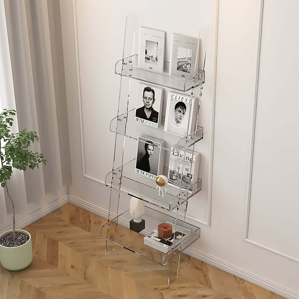 Modern Clear Acrylic Ladder Bookshelf - 4 Open Shelves, Minimalist Design