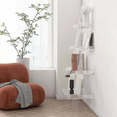 Modern Clear Acrylic Ladder Bookshelf - 4 Open Shelves, Minimalist Design