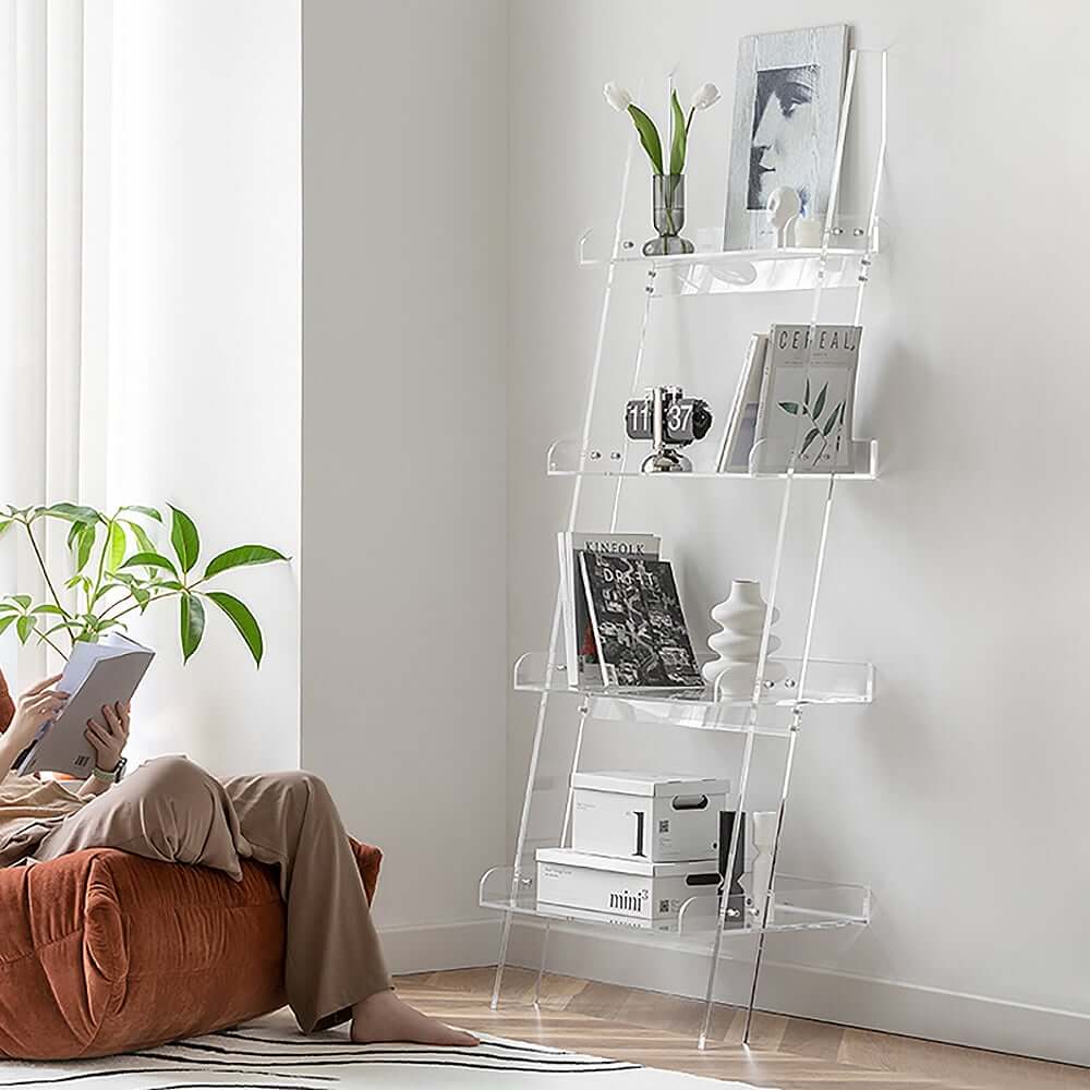 Modern Clear Acrylic Ladder Bookshelf - 4 Open Shelves, Minimalist Design Main Product Image