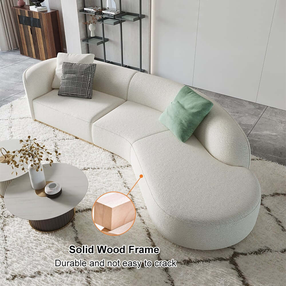 Modern Curved Boucle Sectional Sofa with Gold Metal Legs