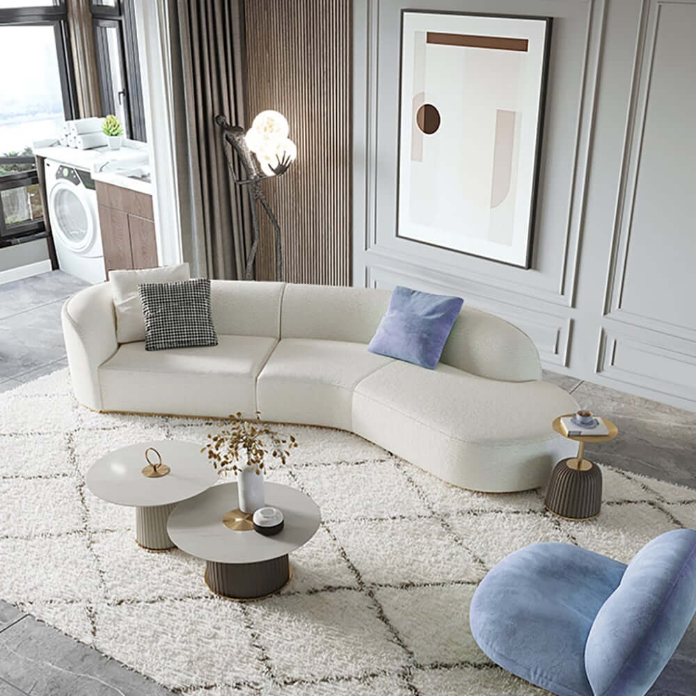 Modern Curved Boucle Sectional Sofa with Gold Metal Legs