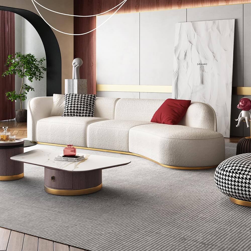 Modern Curved Boucle Sectional Sofa with Gold Metal Legs
