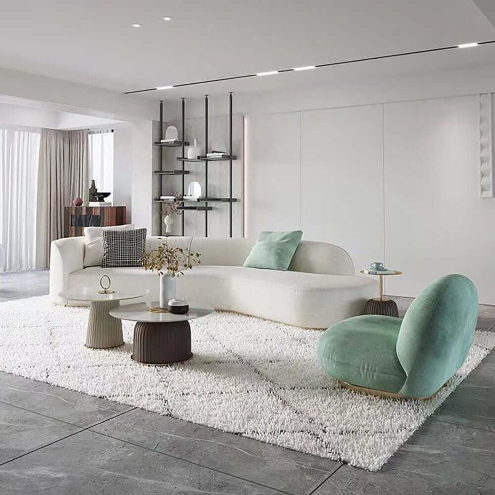 Modern Curved Boucle Sectional Sofa with Gold Metal Legs