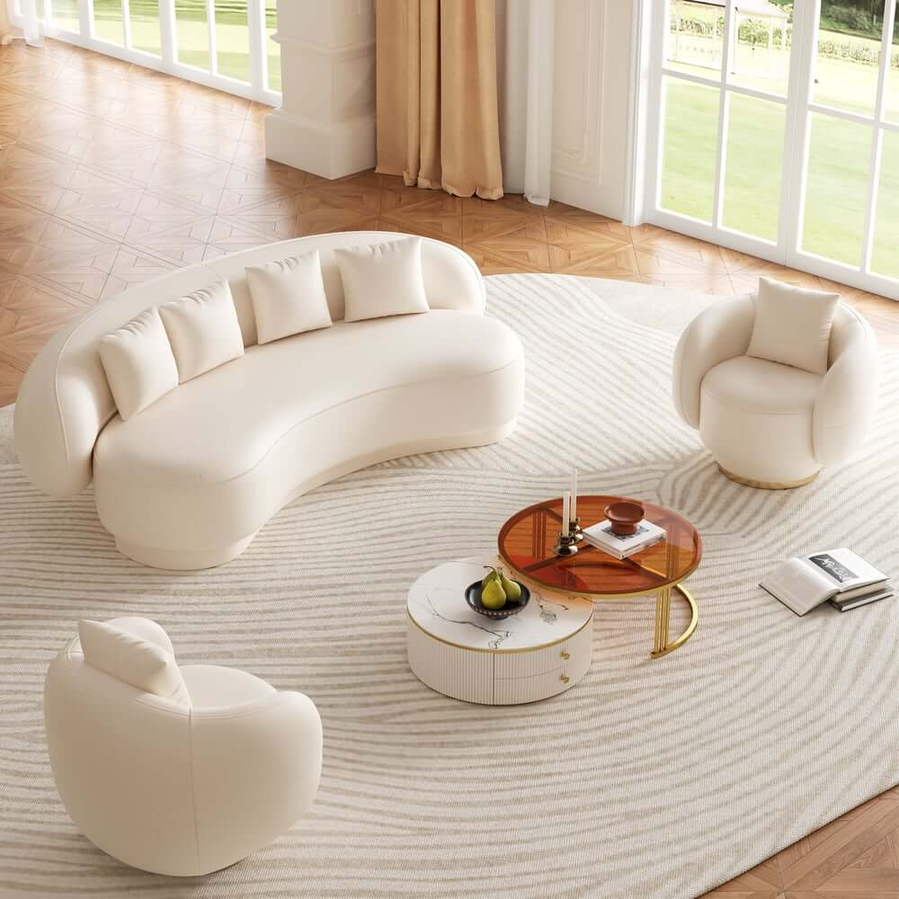 Modern Curved Leather Sofa, Armless Design, 3-Seater