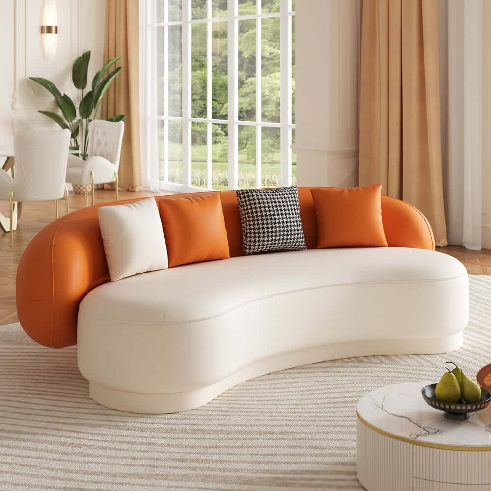 Modern Curved Leather Sofa, Armless Design, 3-Seater