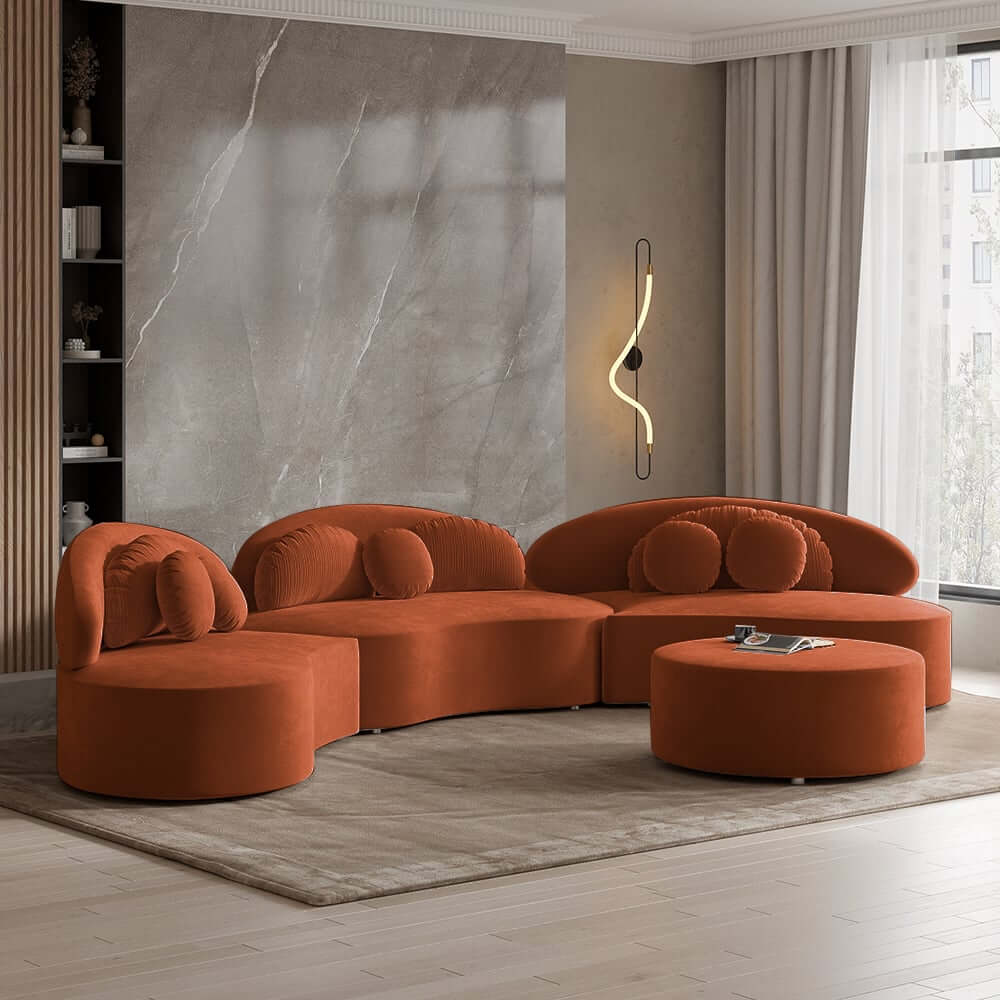 Modern Curved Modular Velvet Sectional Sofa With Ottoman