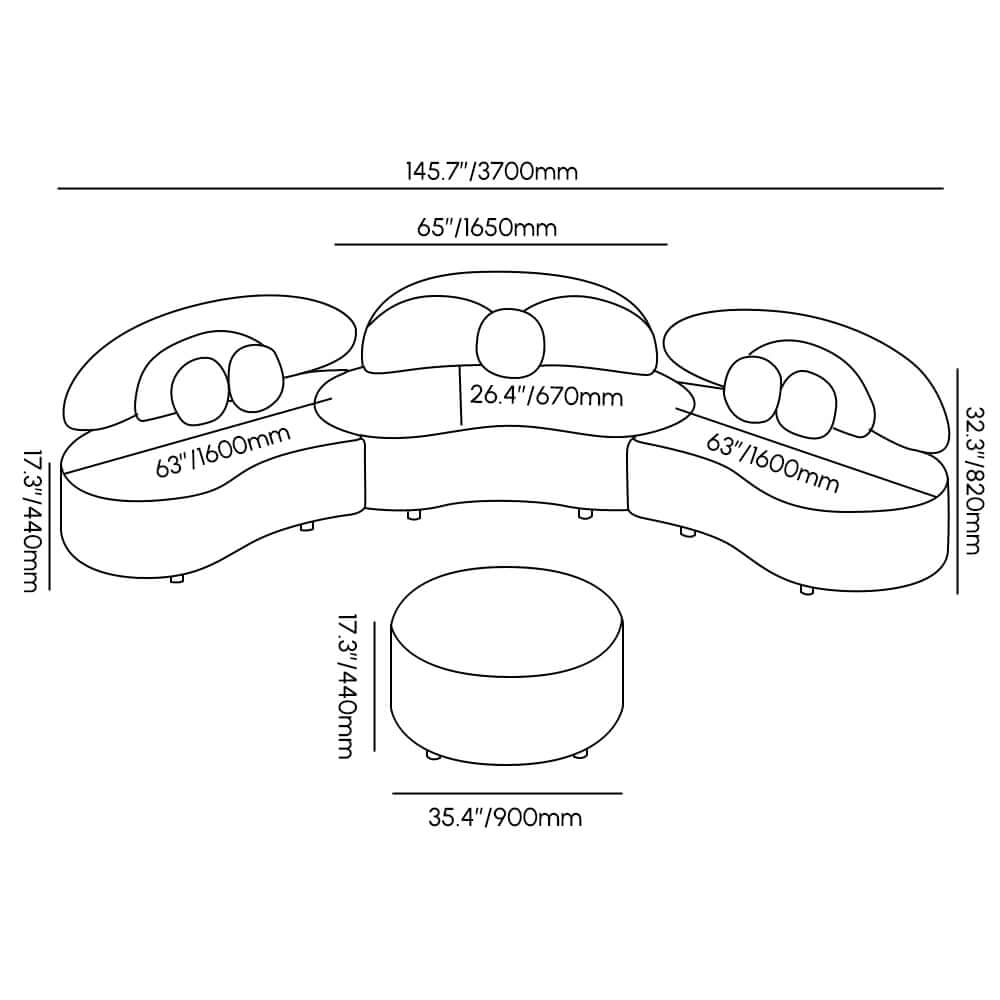 Modern Curved Modular Velvet Sectional Sofa With Ottoman Dimensions