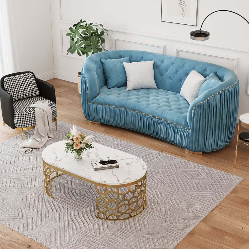 Modern Curved Velvet Sofa - Three Seater, Cushion Back