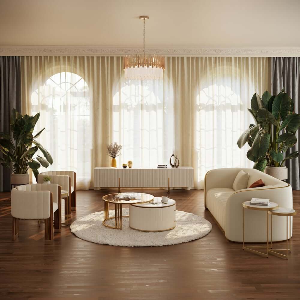 Modern Curved White Sofa With Gold Legs - Faux Leather