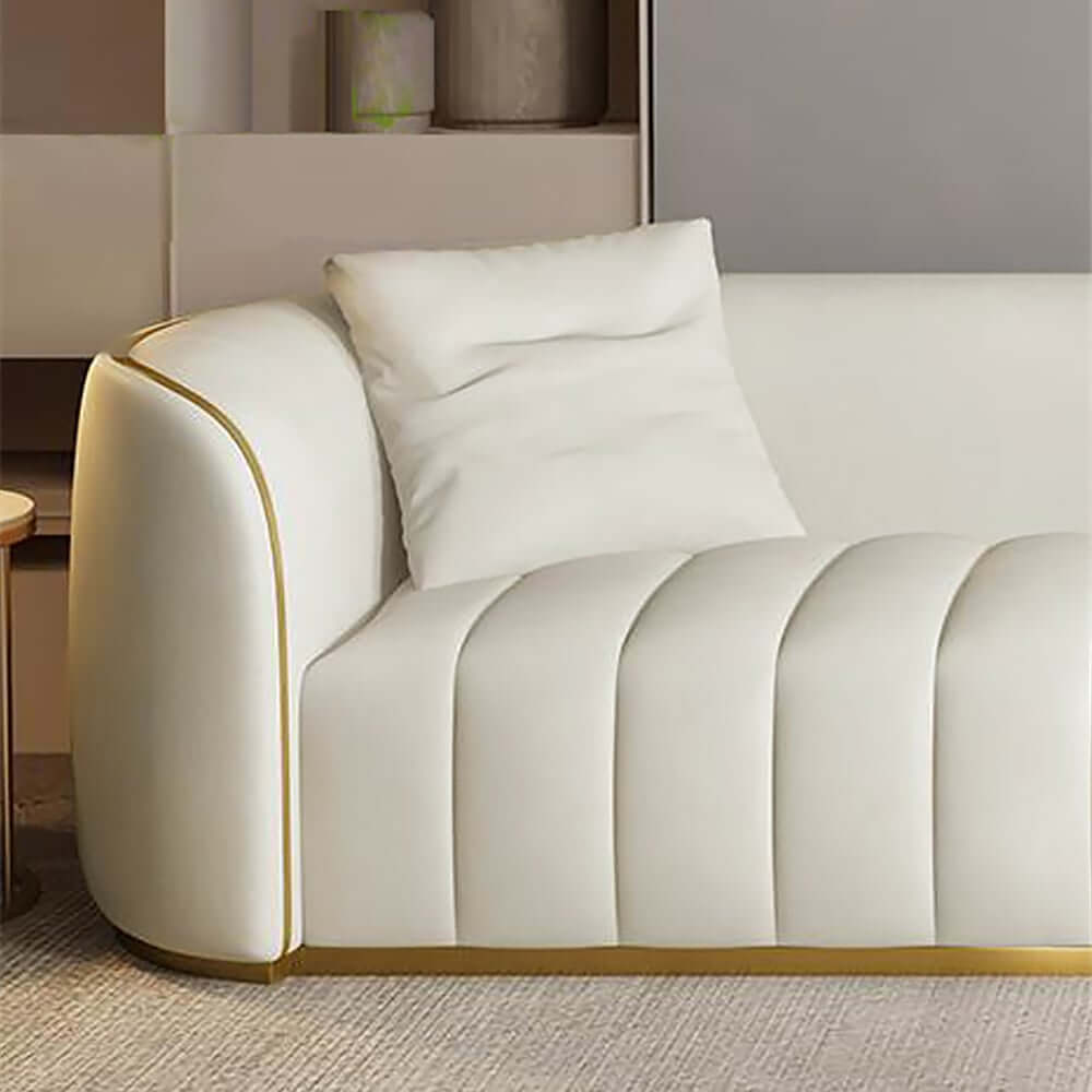 Modern Curved White Sofa With Gold Legs - Faux Leather