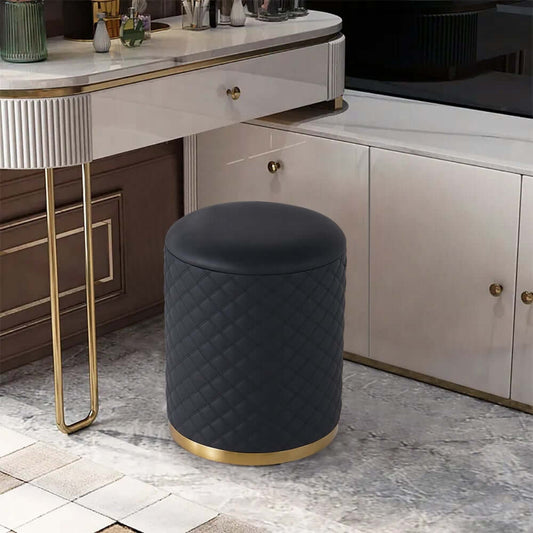 Modern Cylinder Vanity Stool with Pleated Upholstery and Gold Base