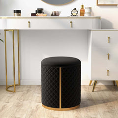Modern Cylinder Vanity Stool with Pleated Upholstery and Gold Base
