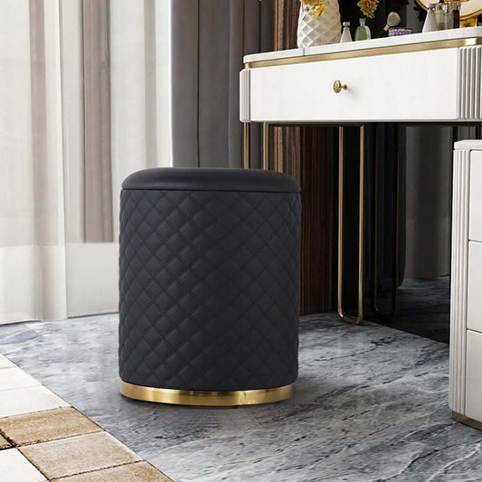 Modern Cylinder Vanity Stool with Pleated Upholstery and Gold Base Main Product Image