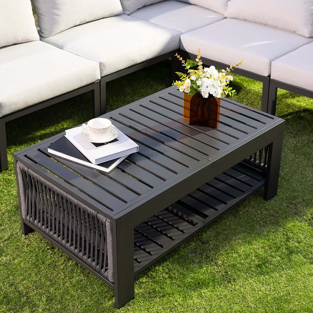 Modern Dark Gray Aluminum Sectional Outdoor Sofa Set with Coffee Table