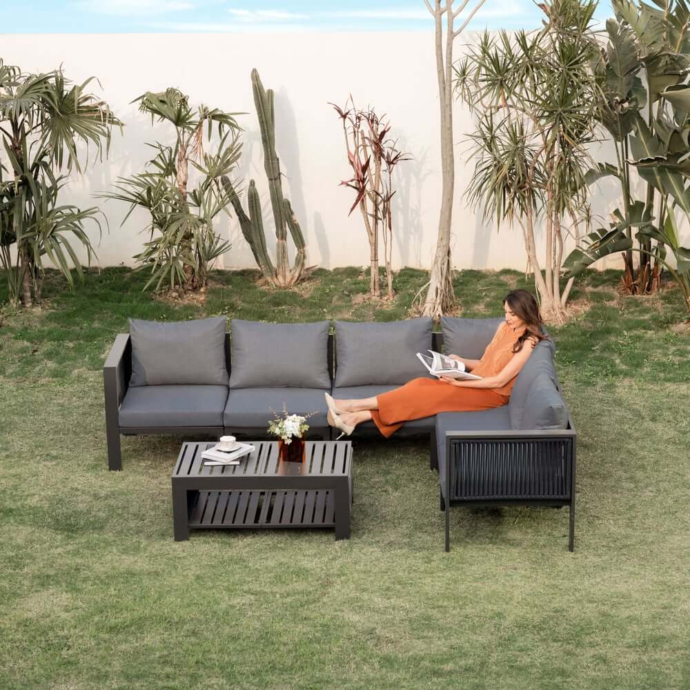 Modern Dark Gray Aluminum Sectional Outdoor Sofa Set with Coffee Table