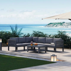 Modern Dark Gray Aluminum Sectional Outdoor Sofa Set with Coffee Table